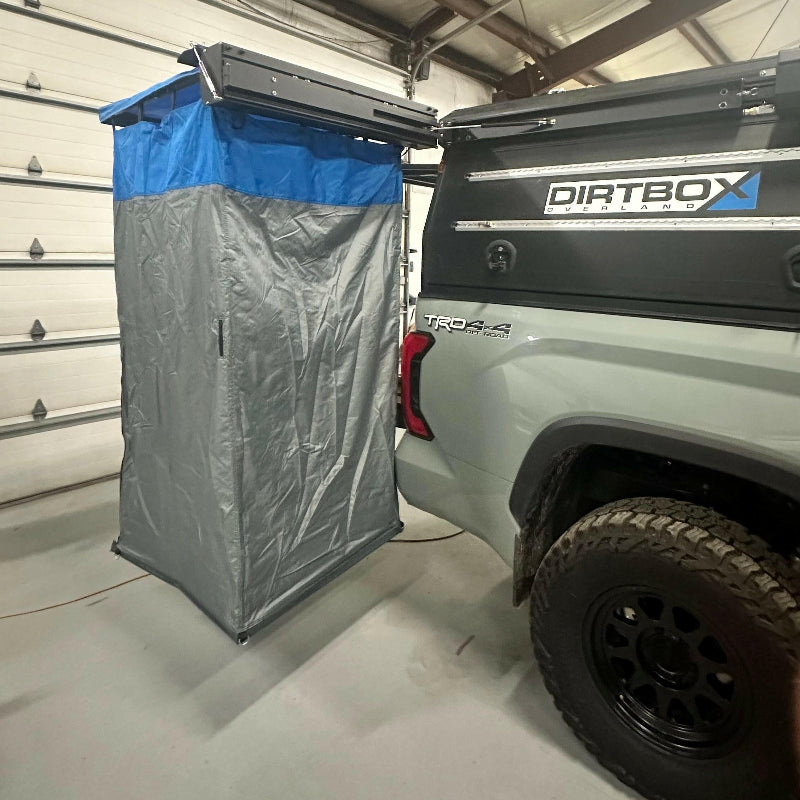 Ultimate Camp Shower Set: Hard Case Shower/Bathroom Awning + 90 Degree Swing Out