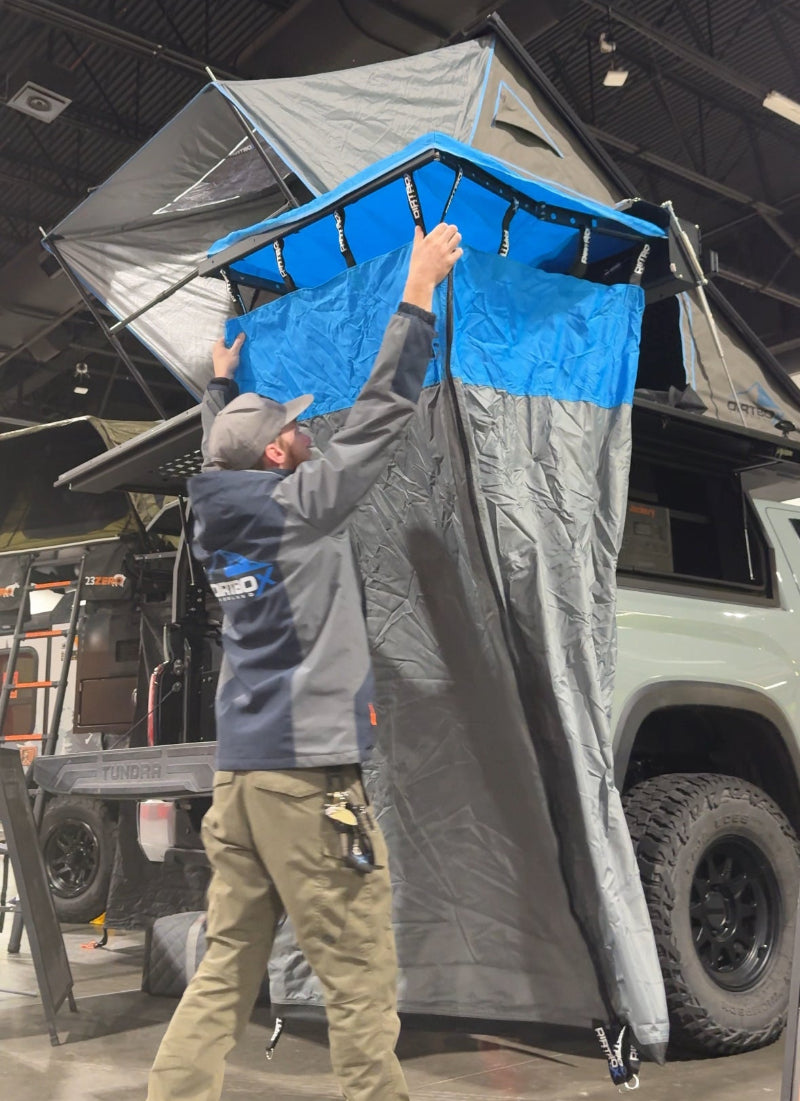 Ultimate Camp Shower Set: Hard Case Shower/Bathroom Awning + 90 Degree Swing Out
