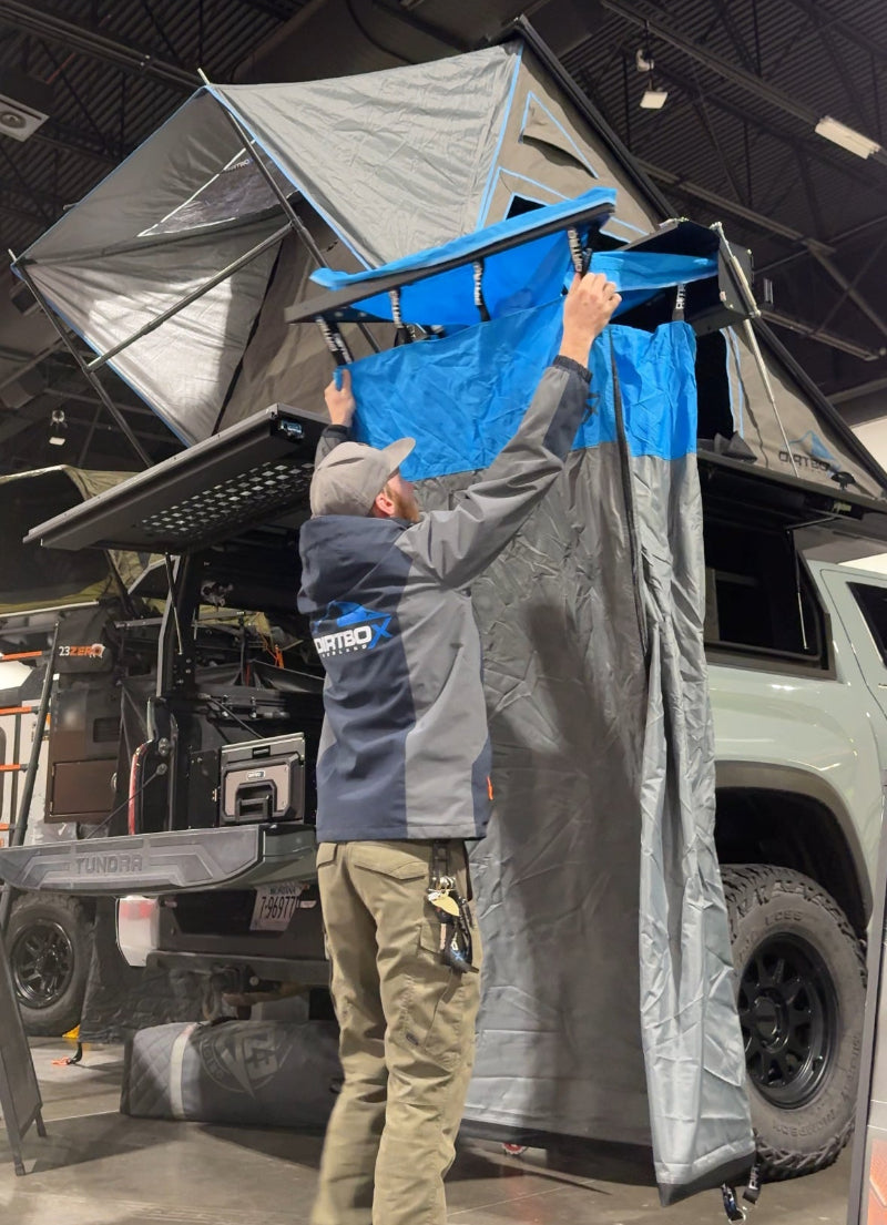 Ultimate Camp Shower Set: Hard Case Shower/Bathroom Awning + 90 Degree Swing Out